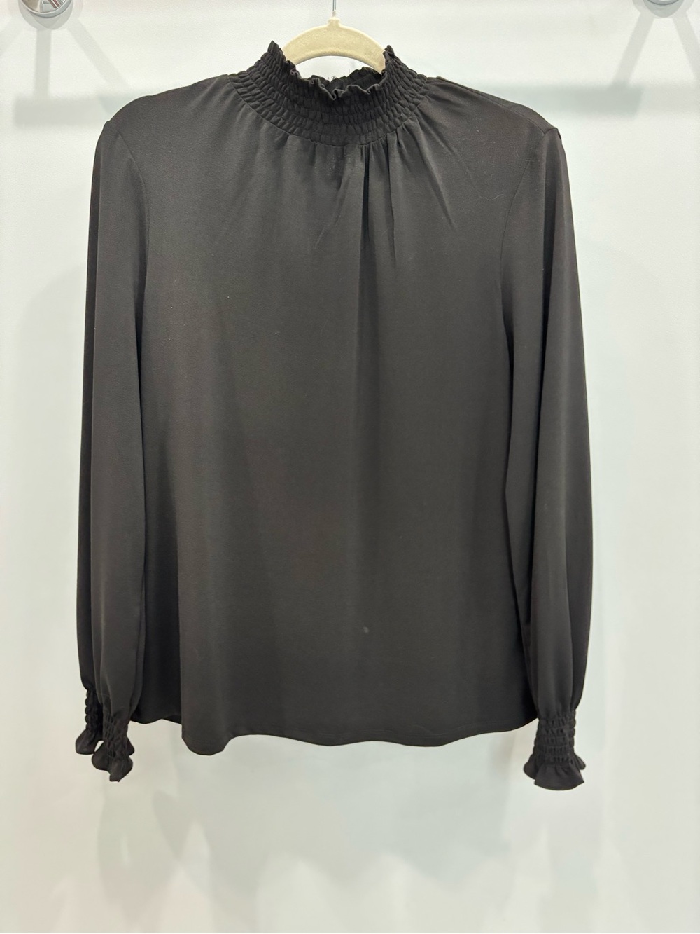 Adrianna Papell Black Smocked High-Neck Long Sleeve Blouse